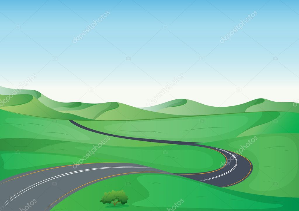 a green landscape and a road