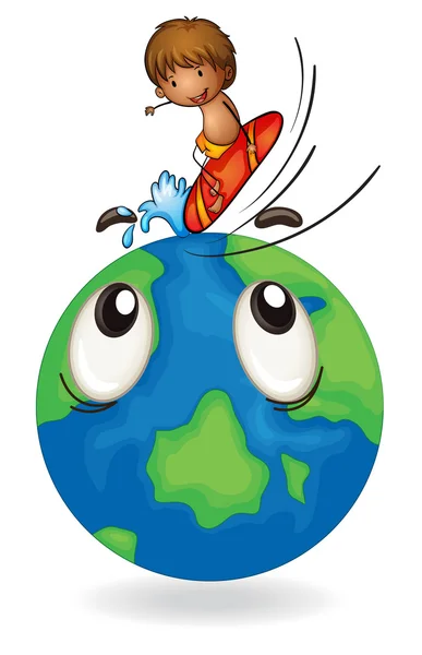 Boy surfing on earth globe — Stock Vector