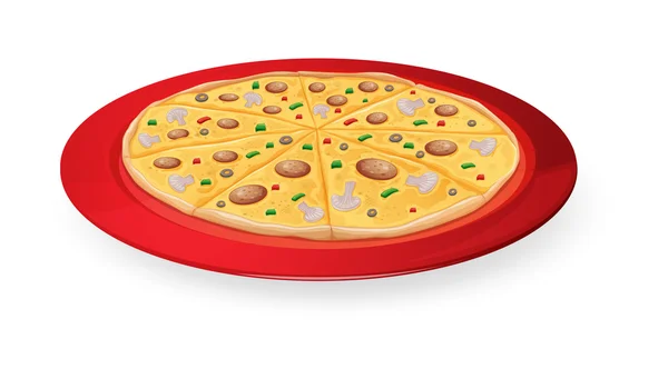 红色盘中的比萨饼 — 图库矢量图片