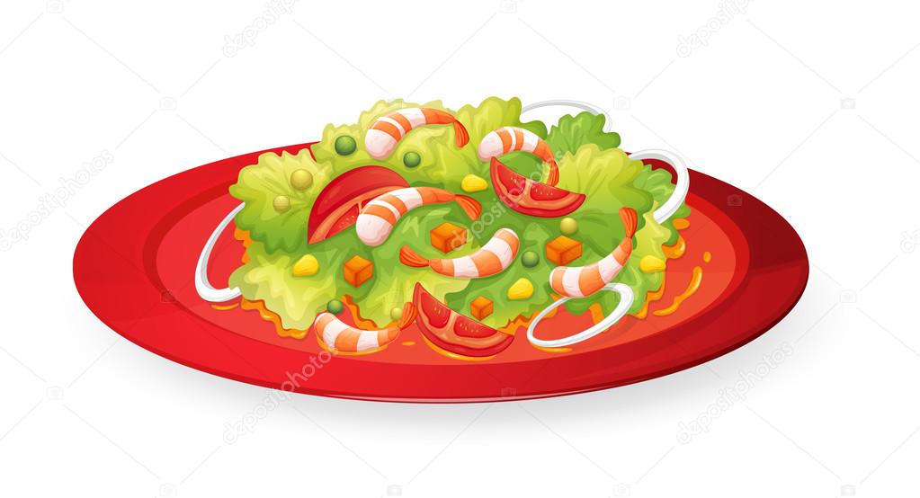 prawns salad in red dish