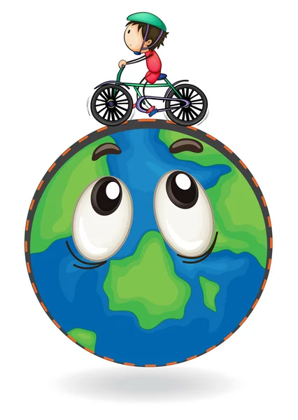 Un niño montando en bicicleta en el globo terráqueo — Vector de stock