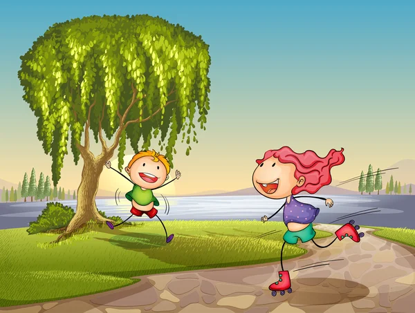 Enfants jouant autour de l'arbre — Image vectorielle
