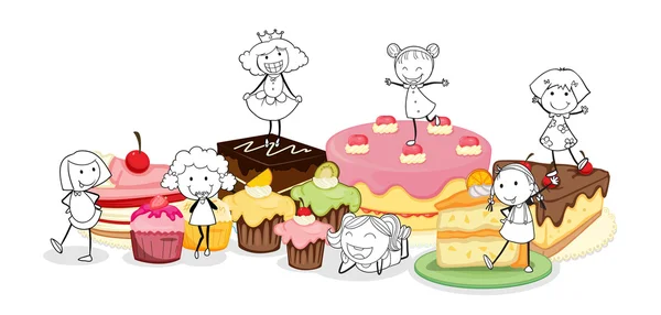 Various cakes and scetches of kids — Stock Vector