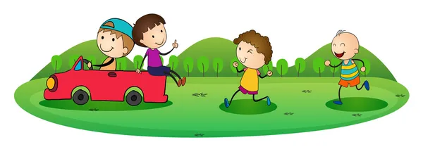 Niños y coche — Vector de stock