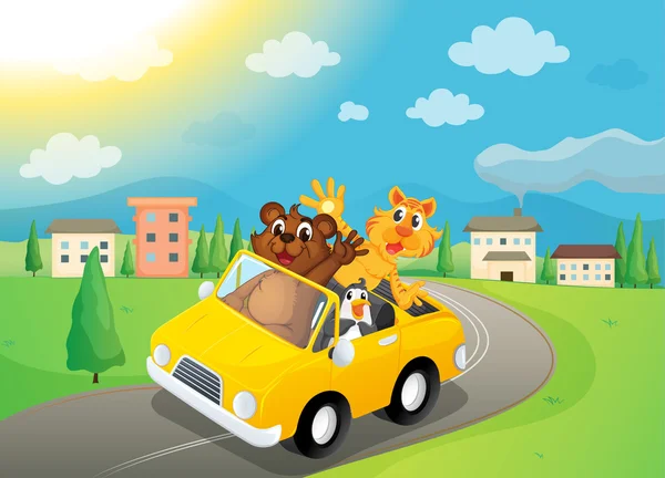 Animals, car and road — Stock Vector