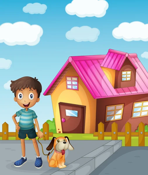 男孩、 狗和房子 — 图库矢量图片