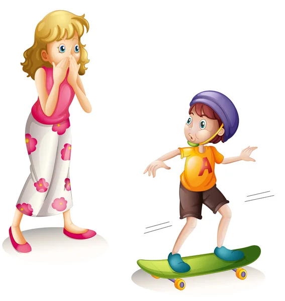 Moeder en zoon skateboarden — Stockvector
