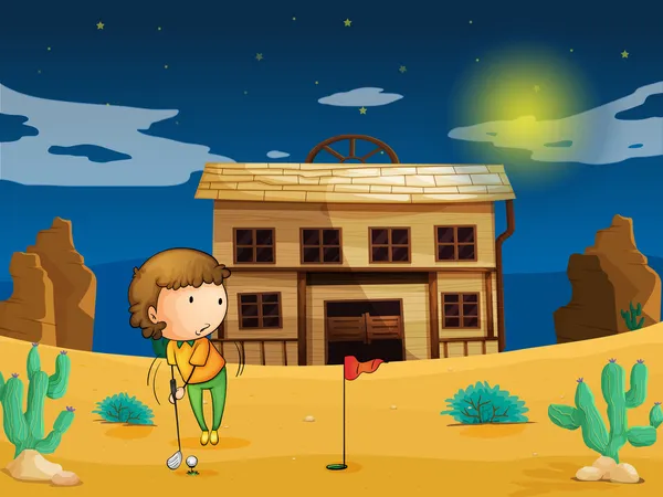 Ένα αγόρι παίζει γκολφ μπροστά από το σπίτι — Διανυσματικό Αρχείο