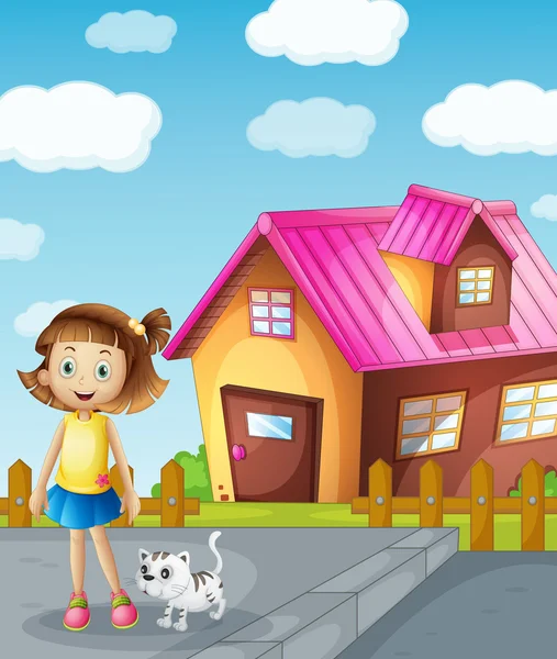 En flicka och katt infront av hus — Stock vektor