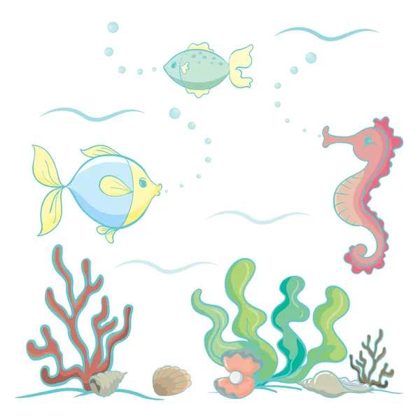 Hewan laut dan tanaman - Stok Vektor