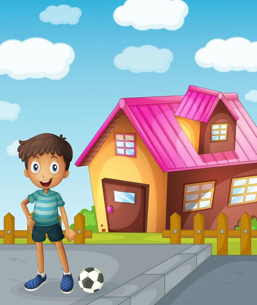 Хлопчик, футбол і будинок — стоковий вектор