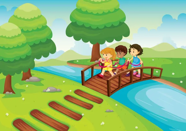 Bambini che attraversano ponte — Vettoriale Stock