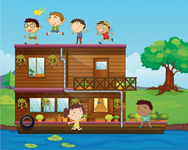 Kids playing near a houseboat — Stock Vector