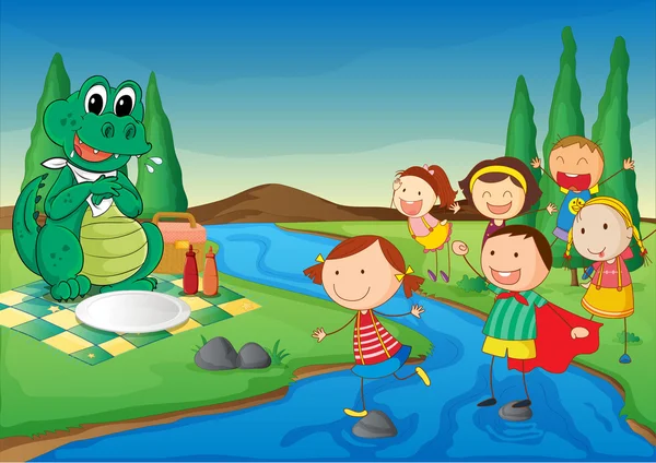 Bir nehir, bir dinozor ve çocuklar — Stok Vektör