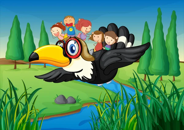 Une rivière, un oiseau et des enfants — Image vectorielle