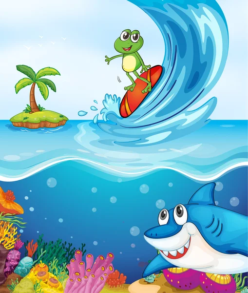 青蛙和鲨鱼在海中的鱼 — 图库矢量图片
