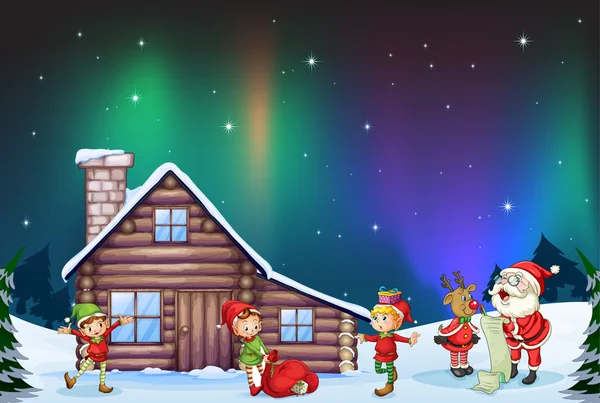 Санта-Клаус, дети и олени — стоковый вектор