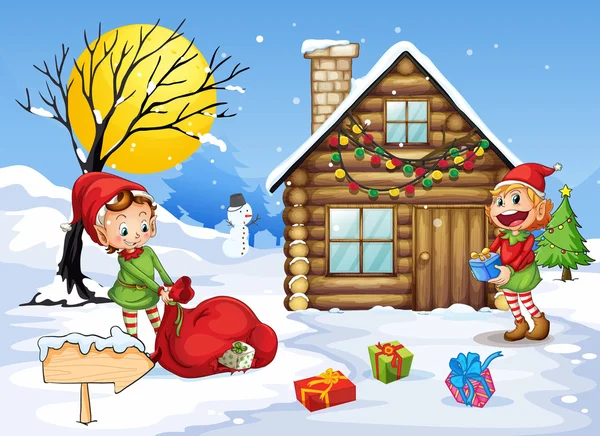 Elfes et bonhomme de neige — Image vectorielle