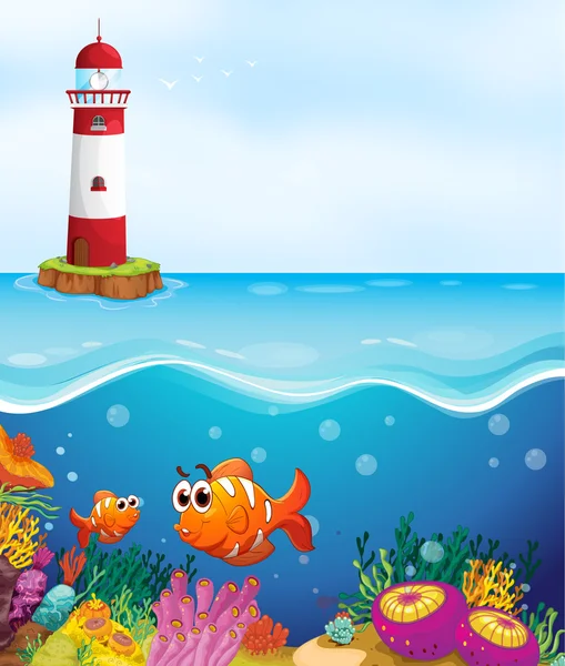 Una casa de luz, peces y coral en el mar — Vector de stock