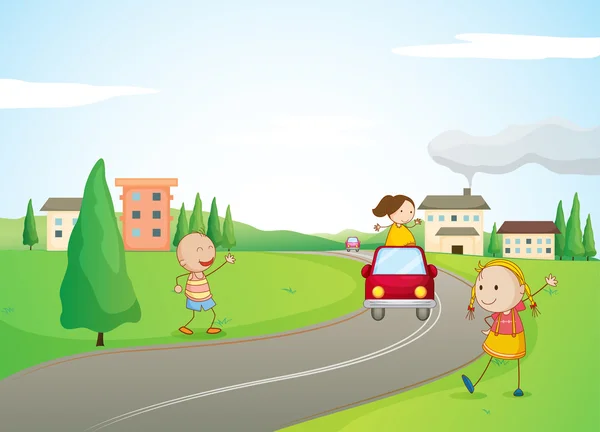 Τα παιδιά, ένα αυτοκίνητο και ένα δρόμο — Διανυσματικό Αρχείο
