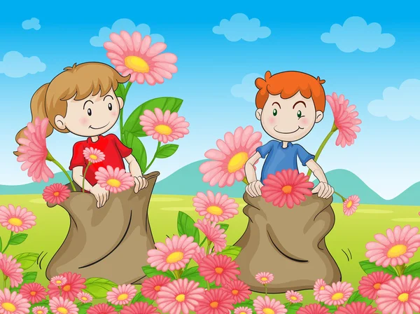 孩子们与鲜花 — 图库矢量图片