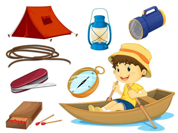 Um menino e vários objetos de acampamento — Vetor de Stock