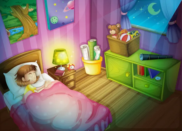 Mädchen schläft nachts im Schlafzimmer — Stockvektor