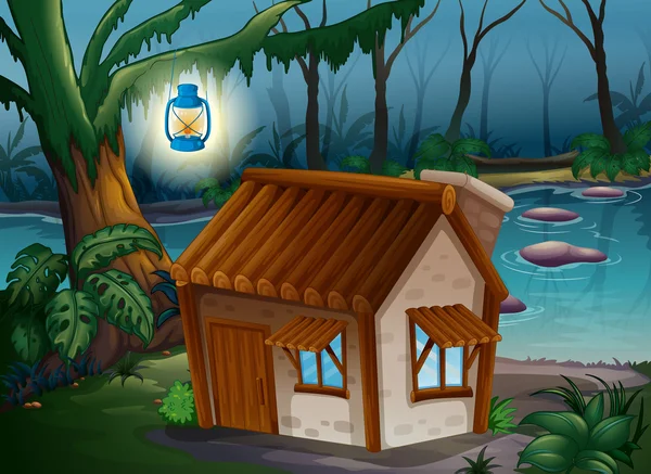 Une maison, une lampe et une rivière — Image vectorielle