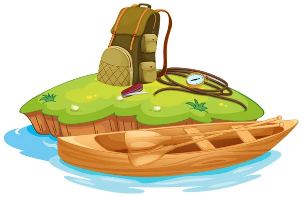 Objetos vaious para acampar y una canoa — Vector de stock