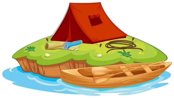 Vaious objects for camping and a canoe — Stock Vector