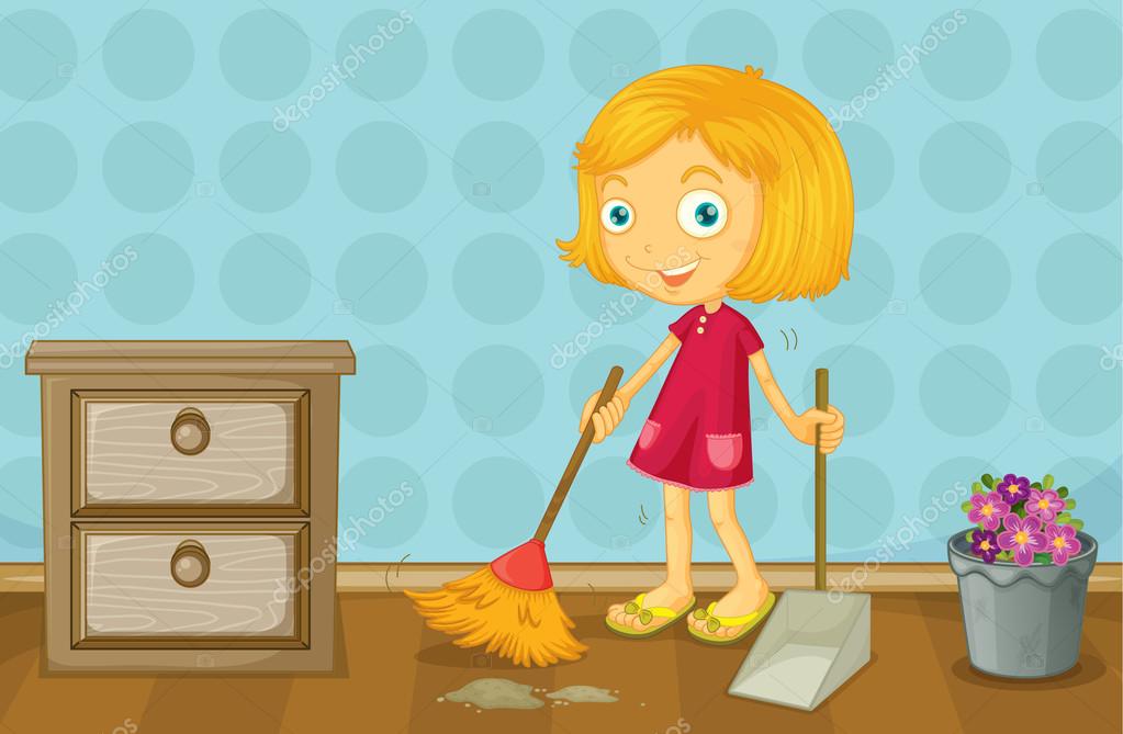 Clean up room. Уборка в комнате для детей. Девочка подметает пол. Убираться в доме мультяшная. Картина для детей уборка в доме.