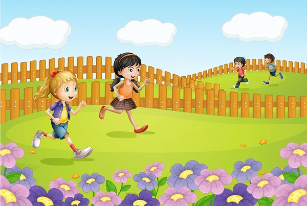 Τα παιδιά που τρέχουν σε ένα πεδίο — Διανυσματικό Αρχείο