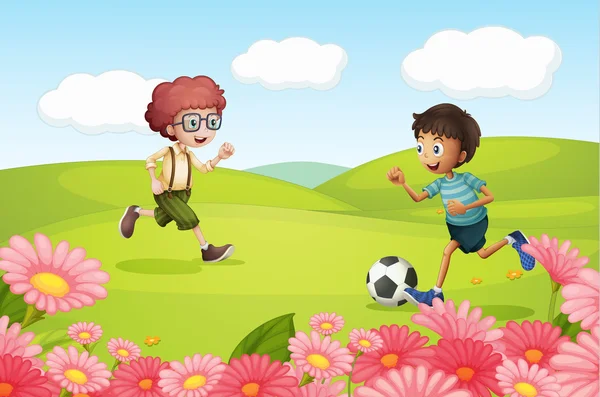 Boy 's playing football — Vector de stock