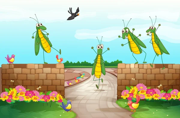 Grasshoppers cerca de una pared — Vector de stock