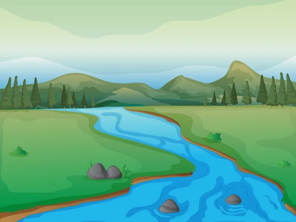 Un río, un bosque y montañas — Vector de stock