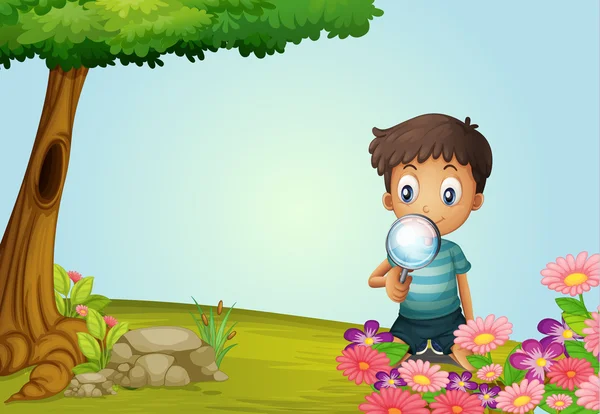 A boy with lense in garden — Stock Vector