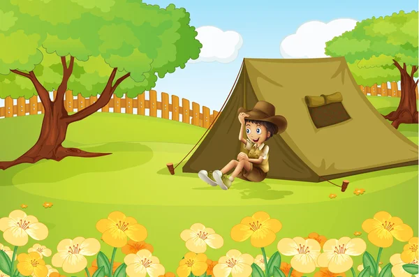 Een jongen en camping tent — Stockvector