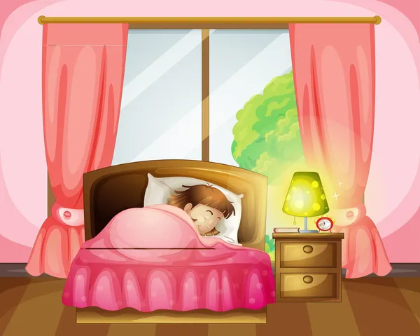 Uma menina dormindo em uma cama — Vetor de Stock