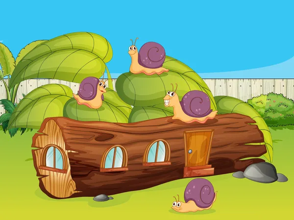 Escargots et une maison en bois — Image vectorielle