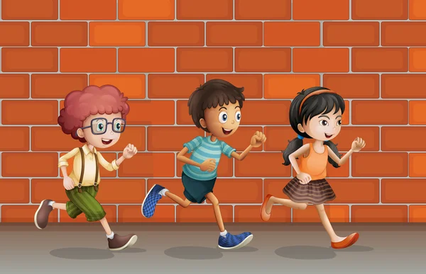 Niños corriendo cerca de la pared — Vector de stock