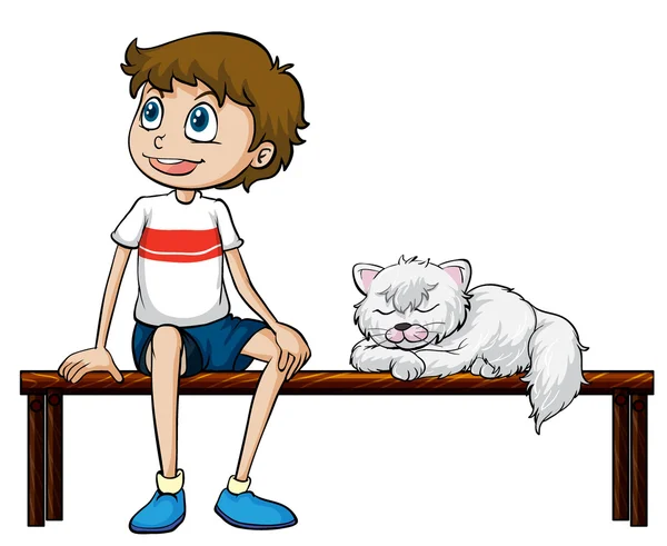 Un niño sonriente y un gato sentado en un banco — Vector de stock