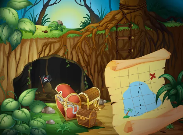 A cave, a treasure chest and a map — Stock Illustration A cave, a treasure chest and a map Royalty Free Stock Illustrations