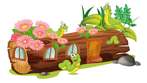 Caterpillars and a wood house — Stock Vector