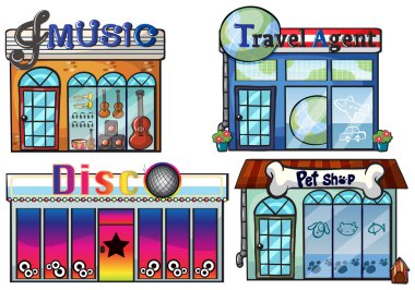 müzikal bir mağaza, seyahat acentesi office, disco house ve bir pet shop