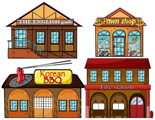 Pub inglés, restaurante coreano, casa de empeño y estación de bomberos — Vector de stock