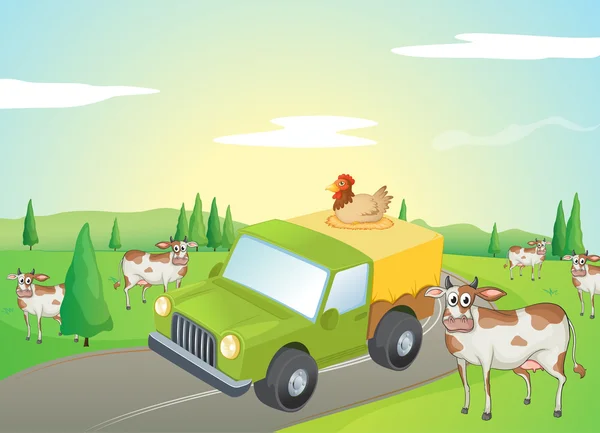 Vacas y un pollo — Vector de stock