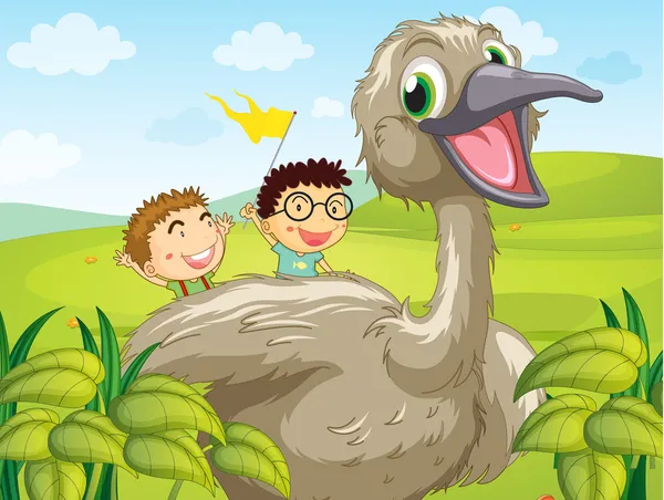 Two boys at the back of a big bird — Stock Vector