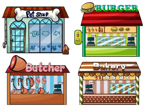 Petshop, posto de hambúrgueres, talho e padaria — Vetor de Stock