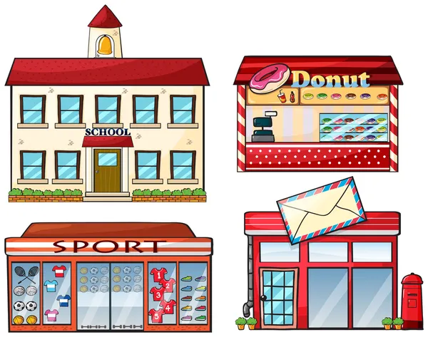 Una escuela, una tienda de donuts, una tienda de deportes y una oficina de correos — Archivo Imágenes Vectoriales