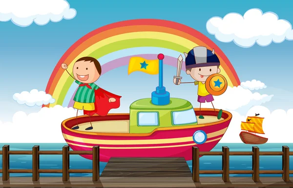 Дети играют на корабле — стоковый вектор